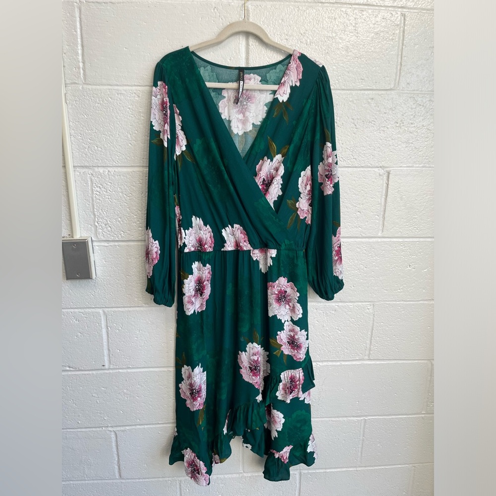 Plenty‎ x Tracey Reese Green Floral Asymmetrical Midi Sonja Dress Sz. XL - Picture 2 of 8